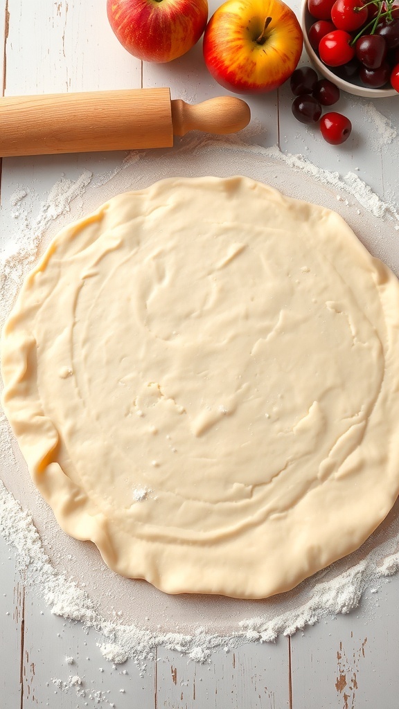 Homemade Two-Crust Pie Dough Recipe Rolled out pie dough on a floured surface with a rolling pin and fresh fruits in the background.